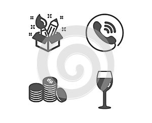 Creativity, Call center and Banking money icons. Wine glass sign. Design idea, Phone support, Cash finance. Vector
