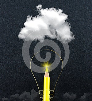 Creativity cloud idea,sketch with yellow pencil on black background