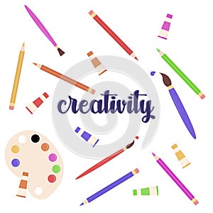 Creativity collection. Set for art and painting. Brushes, pencils, paints in tubes. School supplies. Vector illustration 8 eps