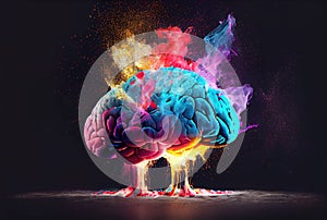 Creativity colorful brain exploding with powerful multicolor by powder coating color. Digital art illustration. Deep learning and