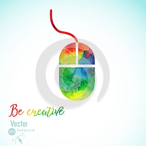 Creativity concept with colorful mouse. Artist at work. Symbol of visual art. Vector illustration. Watercolor silhouette of