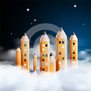 Creativity concept. Pencils like city buildings surrounded by clouds at night sky with stars