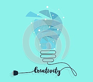 Creativity concept. Polygonal light bulb with electric plug on color background, vector illustration
