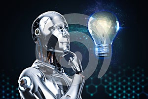 Creativity concept with  robot and light bulb