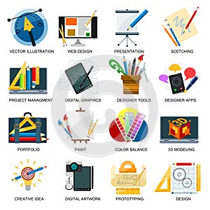 Creativity icons imagination vector illustration abstract colorful flat creative process design development elements.