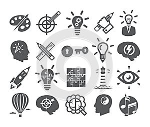 Creativity icons set Icons for inspiration, idea, brain, imagination, problem solving, mind power