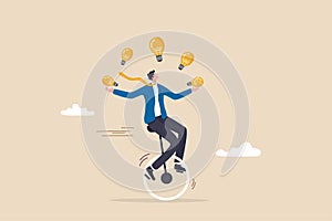 Creativity and ideas, innovation or skill to success in business, skillful businessman riding unicycle juggling lightbulb lamp