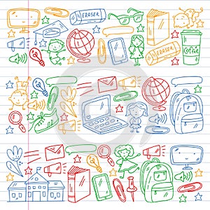 Creativity and imagination. Vector icons with school items.