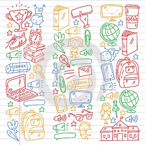 Creativity and imagination. Vector icons with school items.