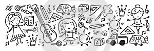 Creativity and imagination. Vector icons with school items.