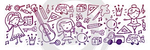 Creativity and imagination. Vector icons with school items.