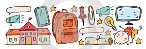 Creativity and imagination. Vector icons with school items.