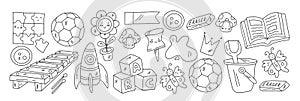 Creativity and imagination. Vector icons with school items.