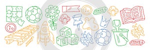 Creativity and imagination. Vector icons with school items.