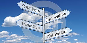 Creativity, innovation, incentive, motivation - metal signpost with four arrows