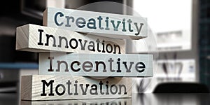 Creativity, innovation, incentive, motivation - words on wooden blocks