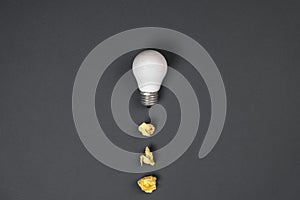 Creativity inspiration, great business idea concept with white light bulb and paper crumpled ball on gray background.