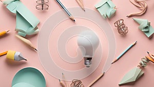 Creativity inspiration,ideas concepts with lightbulb and pencil on pastel color background.Flat lay design