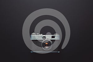 Creativity Retro Technology Concept. Film Cameras On Black Background, Top View