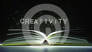 CREATIVITY text made of glowing letters vaporizing from open book. 3D rendering