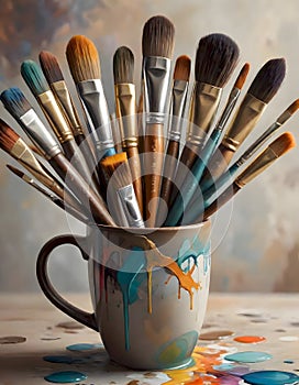 Creativity Unleashed, Mug Overflowing With Paint Brushes, Generative AI photo