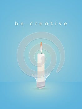 Creativity vector concept with candle in broken bulb. Improvisation creative skills, solution symbol.