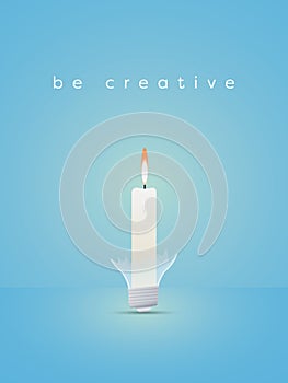 Creativity vector concept with candle in broken bulb. Improvisation creative skills, solution symbol. photo