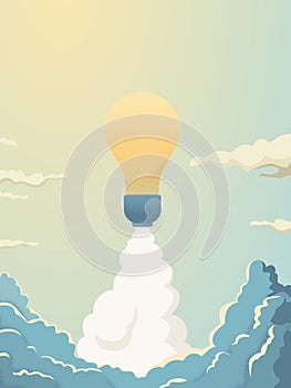 Creativity vector concept with lightbulb space rocket launch into space. Symbol of innovation, invention, new business.