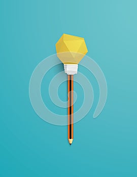 Creativity vector concept with lightbulb on top of pencil in 3d polygonal design. Symbol of innovation, invention.