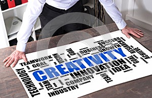 Creativity word cloud concept on a desk