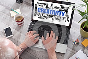 Creativity word cloud concept on a laptop screen