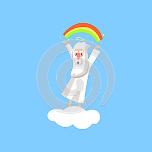 Creator cartoon character in action on white cloud. Smiling god creating a rainbow. Religious flat vector illustration