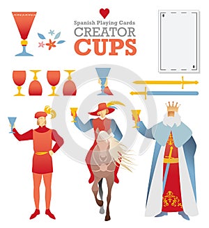 Creator deck of Spanish playing cards. Cups. Symbols and characters of the cards to build a deck