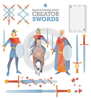 Creator deck of Spanish playing cards. Swords. Symbols and characters of the cards to build a deck