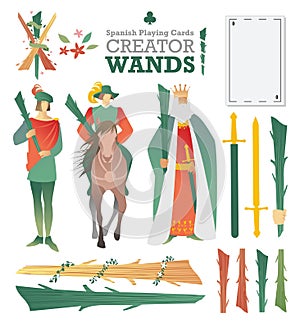 Creator deck of Spanish playing cards. Wands. Symbols and characters of the cards to build a deck