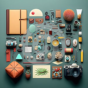 Creator, designer asset elements, top view, knolling items. Generative Ai