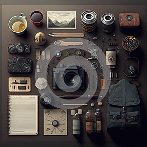 Creator, designer asset elements, top view, knolling items. Generative Ai