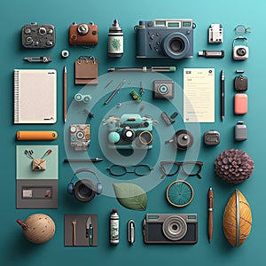 Creator, designer asset elements, top view, knolling items. Generative Ai