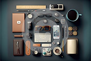 Creator, designer asset elements, top view, knolling items. Generative Ai