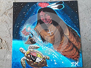 The Creator, the Great Spirit blesses the Turtle Island and the waters around. Native American canvas painting.