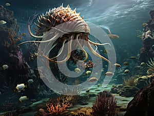 Creatures of the Cambrian period underwater scene with Anomalocaris Opabinia Hallucigenia Pirania and Dinomischus 3d science