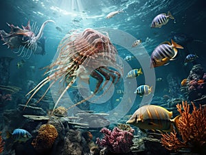 Creatures of the Cambrian period underwater scene with Anomalocaris Opabinia Hallucigenia Pirania and Dinomischus 3d science photo