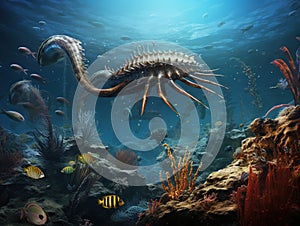 Creatures of the Cambrian underwater scene with Pirania and Dinomischus science photo