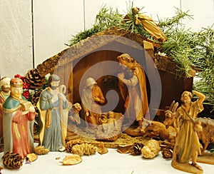 Creche Nativity Scene, manger, animals, joseph, mary, Baby Jesus