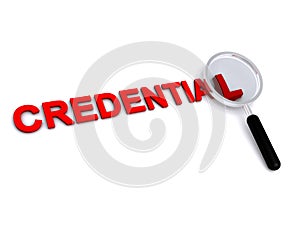 Credential with magnifying glass on white