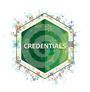 Credentials floral plants pattern green hexagon button