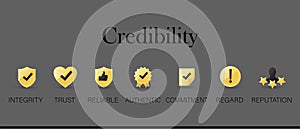 gold credibility icon infographic symbol set. banner of credibility, integrity, trust photo