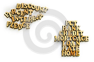 CREDIT, BANK, MORTGAGE, HOUSE - words from wooden letters in the form of a house and a cloud on a white background. The concept of
