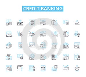 Credit banking linear icons set. Loan, Interest, Debt, Credit score, Collateral, Repayment, Overdraft line vector and