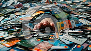 Credit bureau, a sea of credit cards, a hand is trying to reach out under the pile of credit cards
